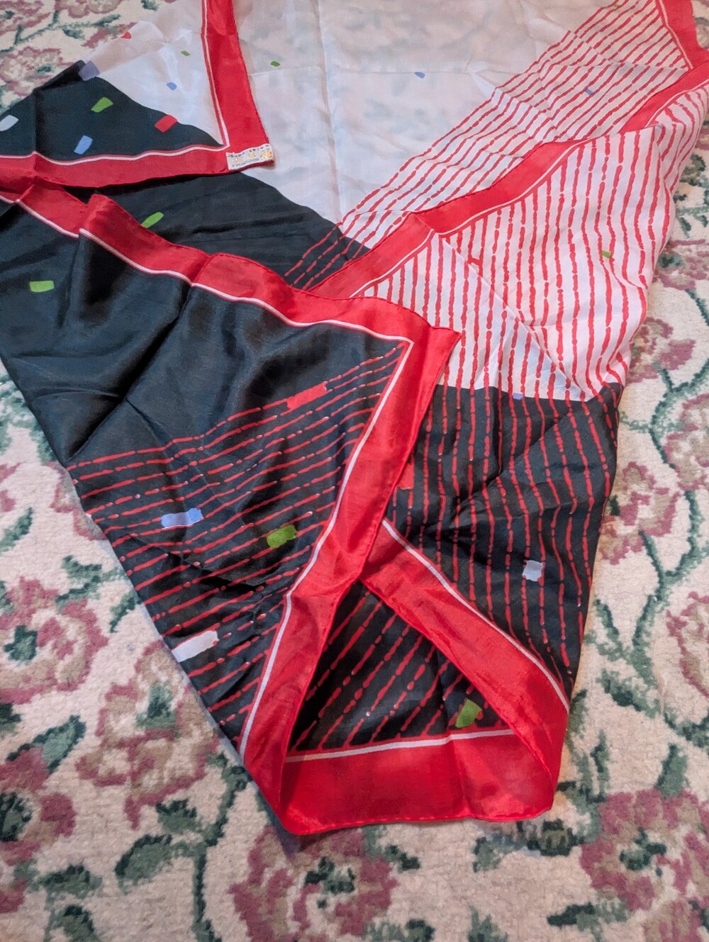 Vintage Silk Geometric Print Scarf Red, White, Black - Picture 2 of 6
